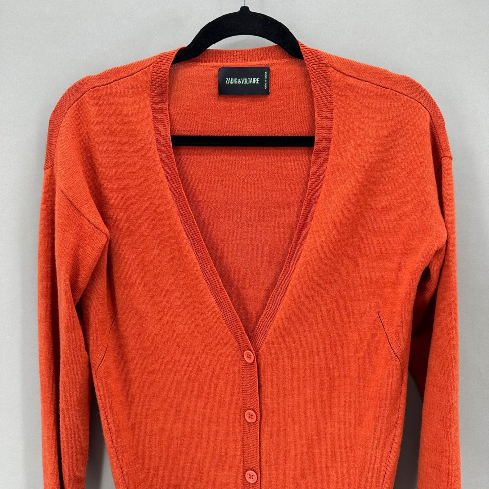 ZADIG & VOLTAIRE Cardigan Orange‎ Knit Cashmere Blend Leather Trim Womens M - Picture 2 of 10